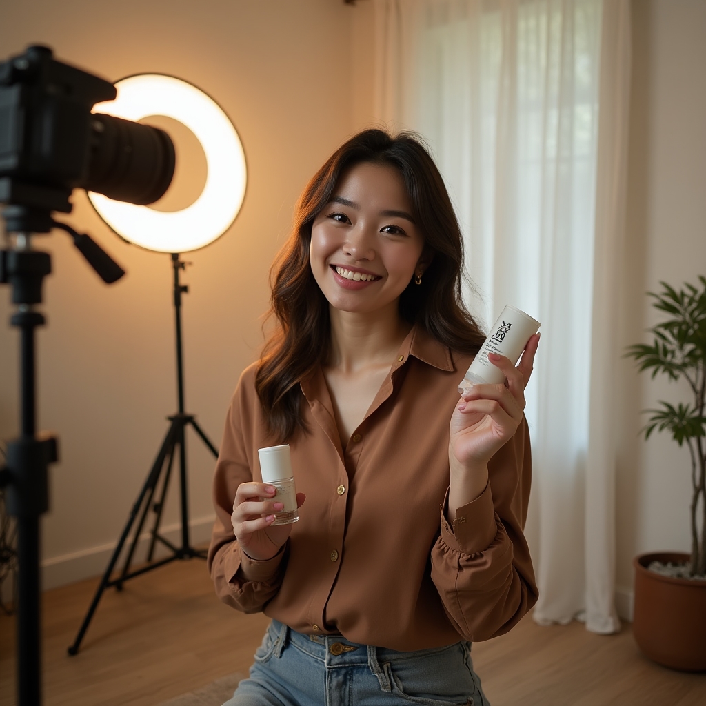 Influencer filmt Produktempfehlung mit Kamera und Ringlicht
