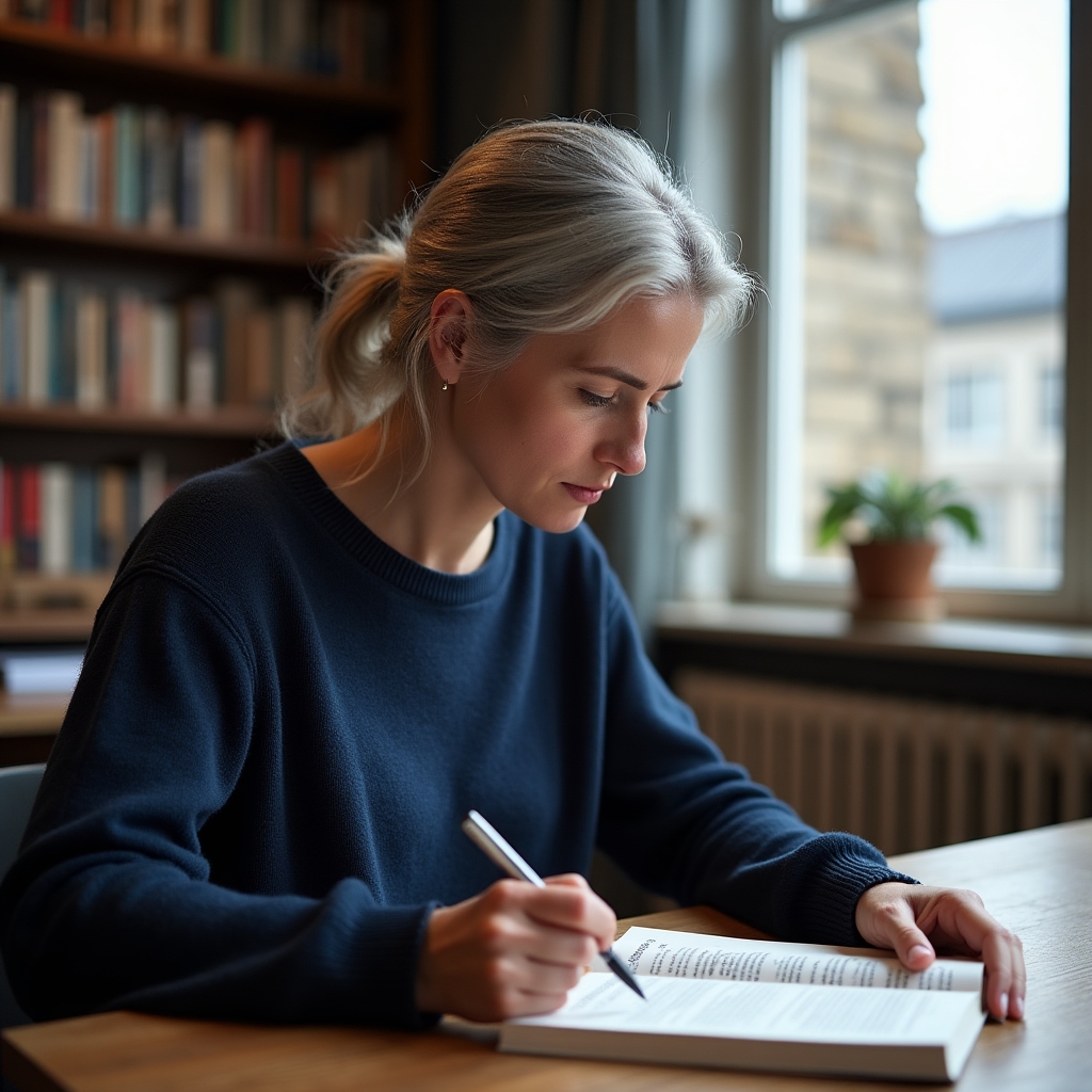 Redakteurin liest wissenschaftliche Studie am Schreibtisch